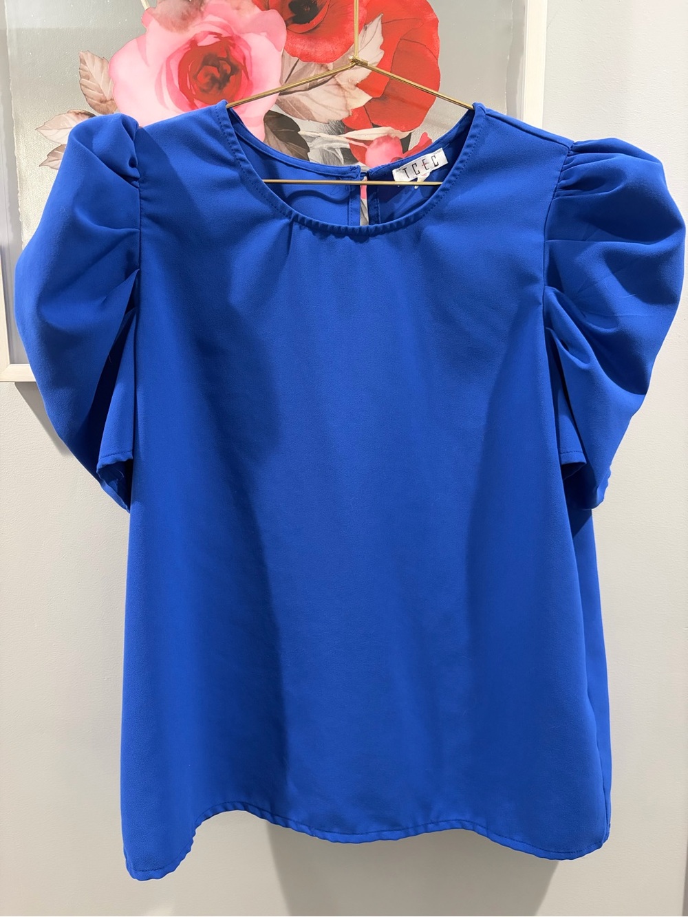 TCEC Royal Blue Puff Sleeves Knit Top Size Large